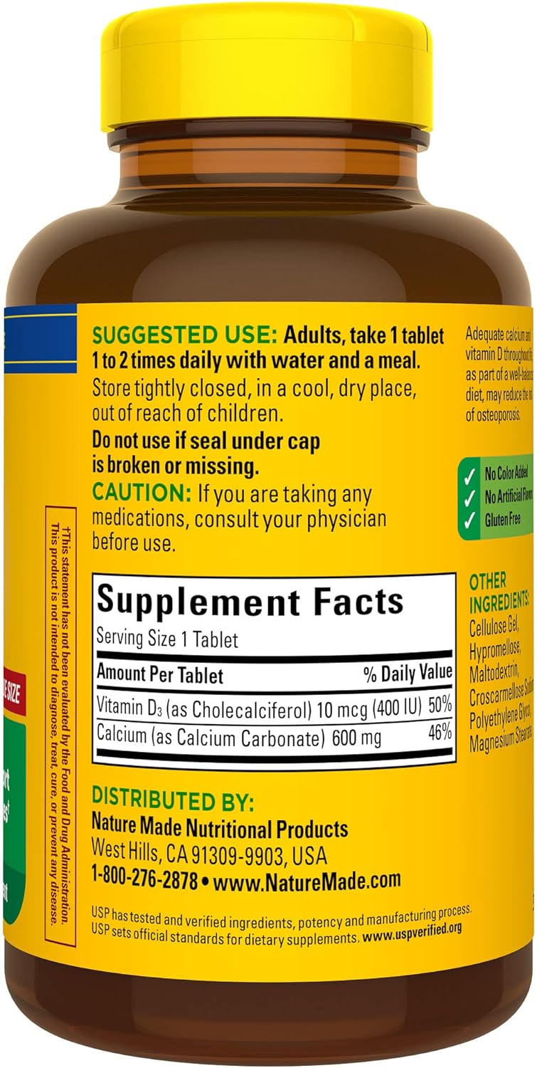 Nature Made Calcium 600 mg with Vitamin D3, Dietary Supplement for Bone Support, 220 Tablets