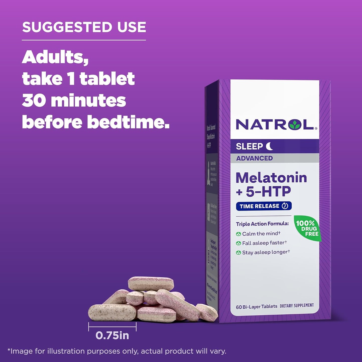 Natrol Advanced Sleep Melatonin + 5HTP, Dietary Supplement for Restful Sleep, 60 Tablets