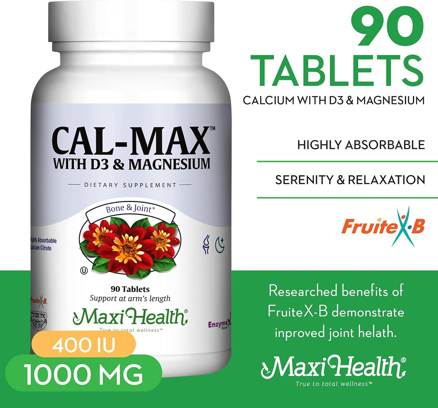 Maxi Health Calcium Magnesium Supplement with Vitamin D3 90 Tablets