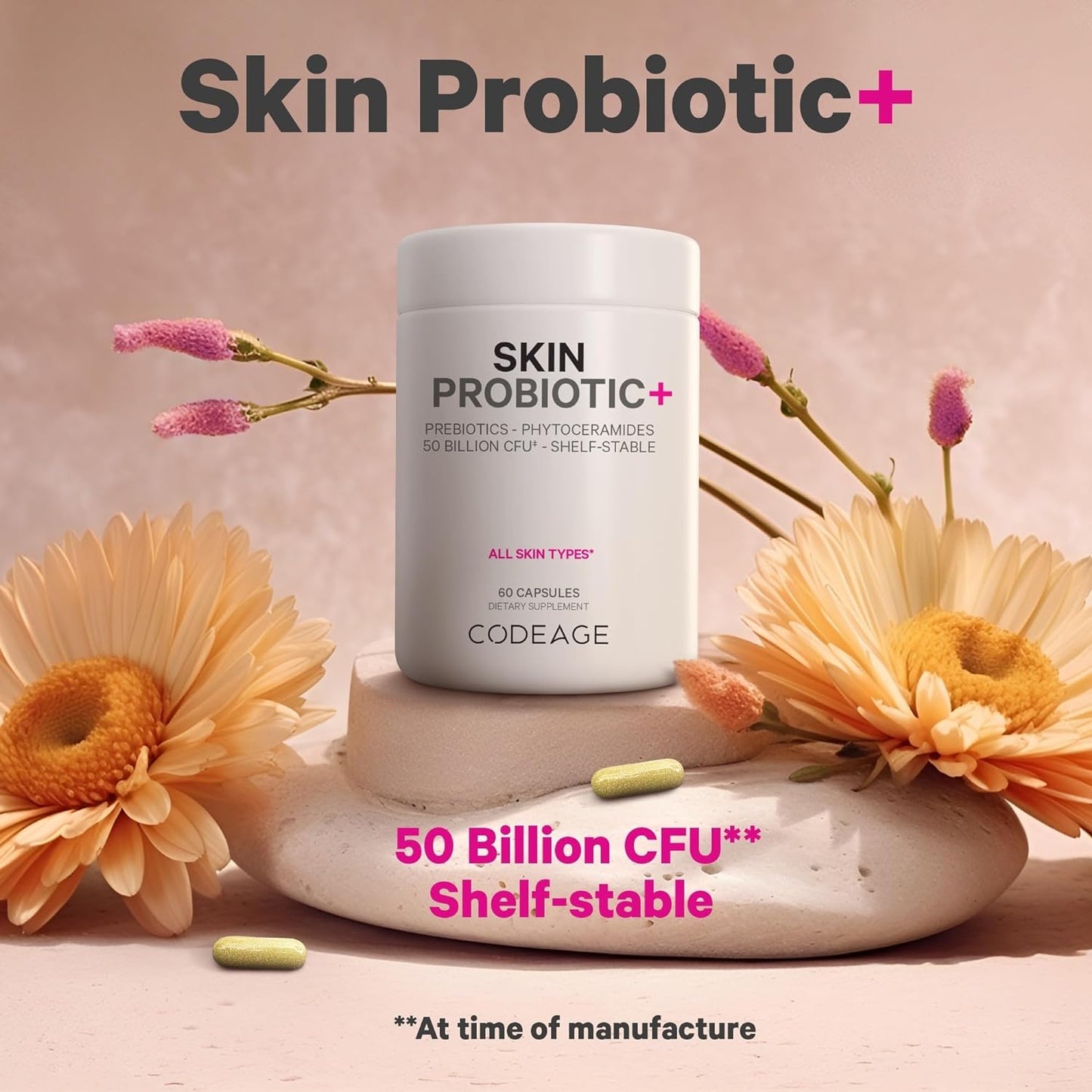 Codeage Skin Probiotics + Prebiotics - Skin Care Routine Supplement 60 Capsules