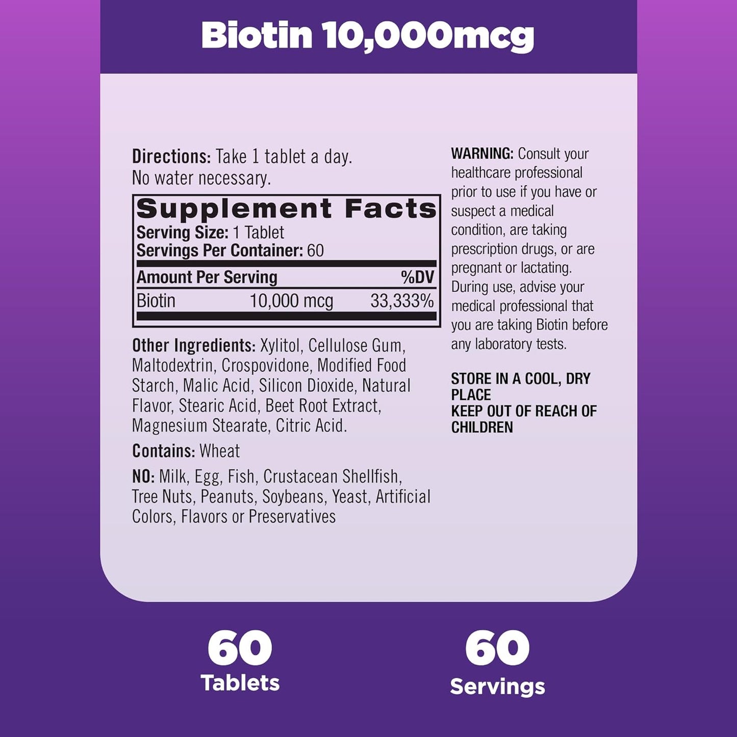 Natrol Beauty Biotin 10000mcg, Dietary Supplement for Healthy Hair, Skin, Nails and Energy Metabolism, 60 count