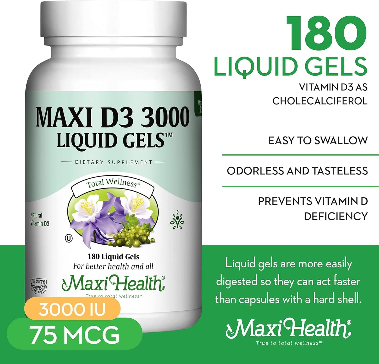 Maxi Health Kosher Vitamin D3 3000 IU -180 Liquid Gels