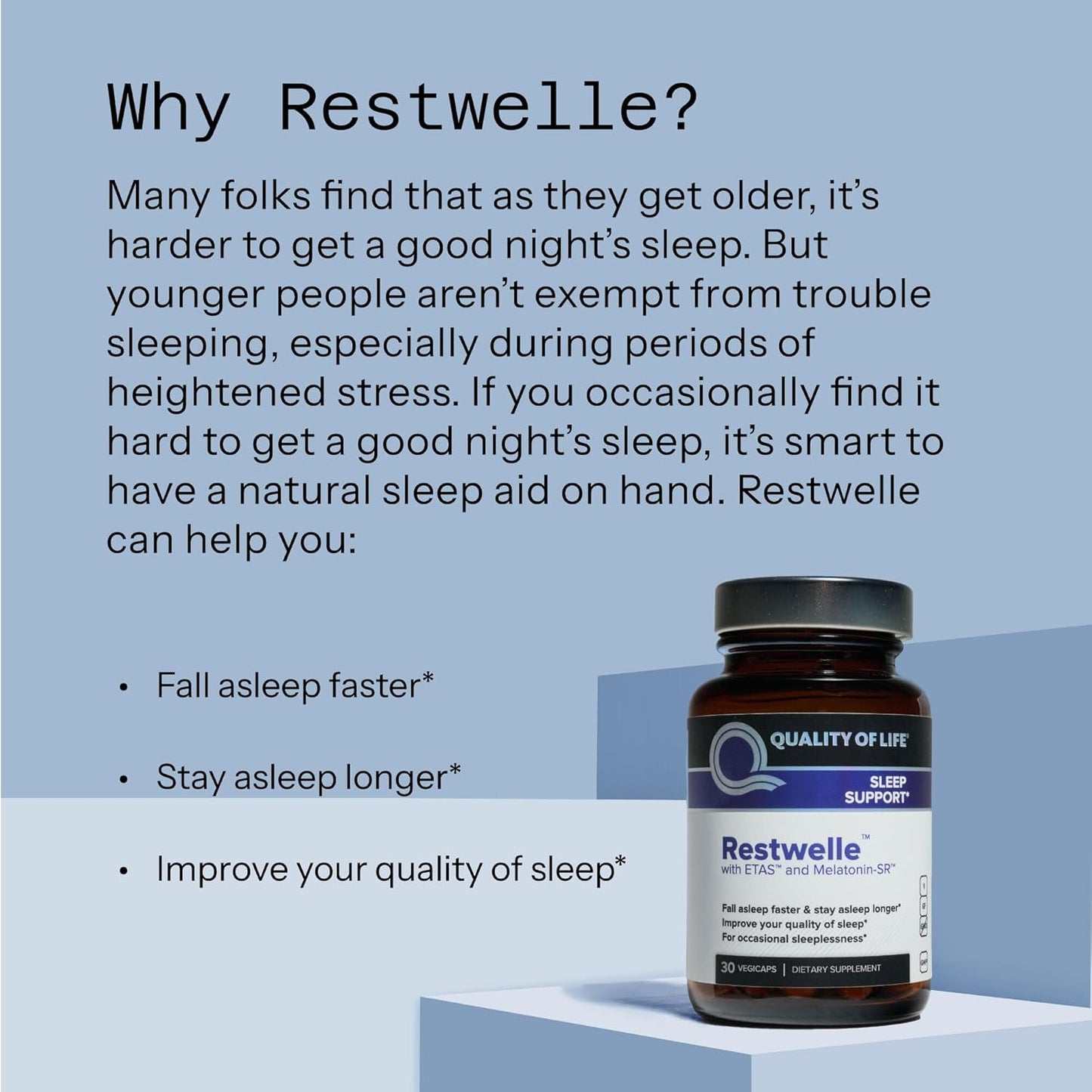 Quality of Life - Restwelle – Non Groggy formula with ETAS and Melatonin SR  – 30 Capsules