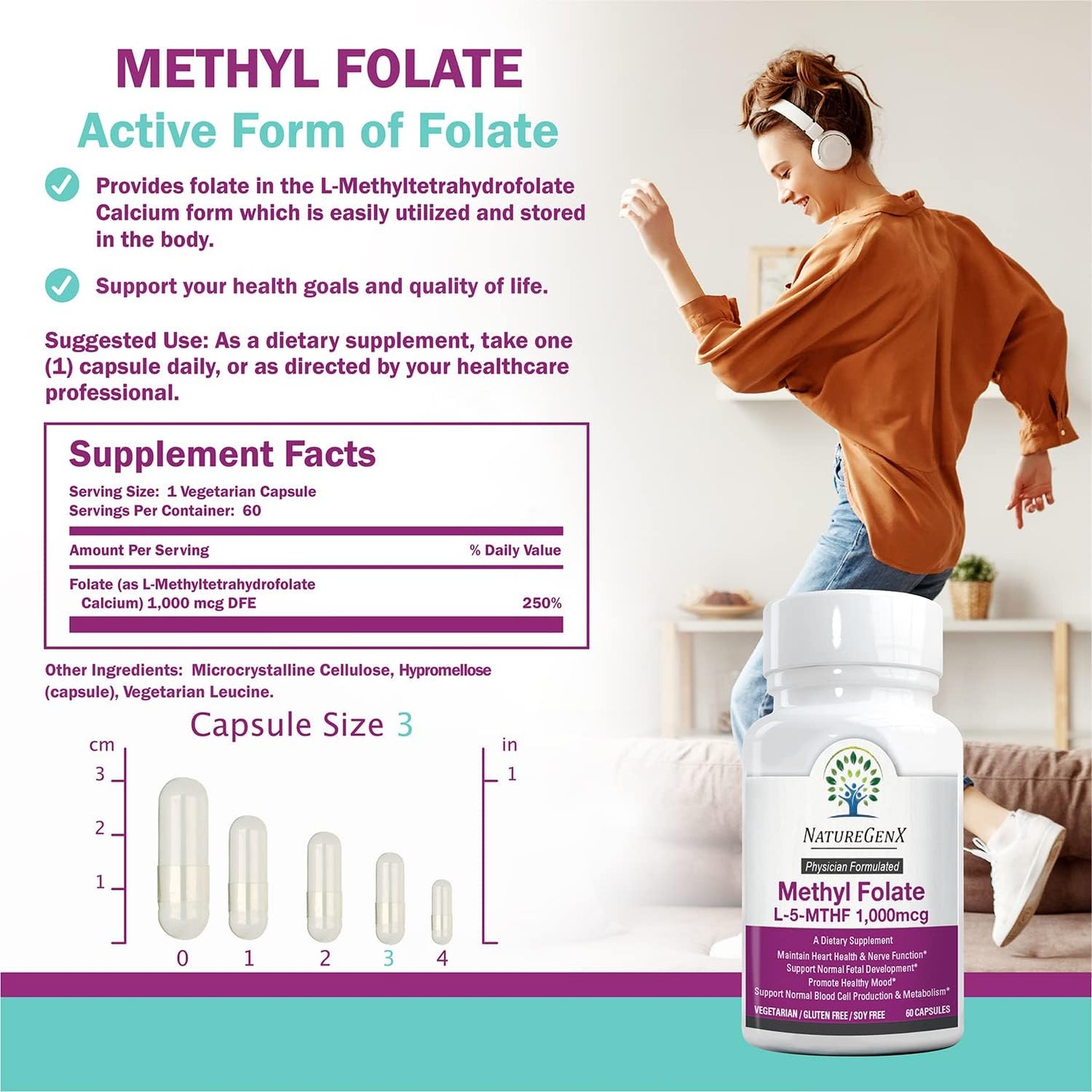 Methylfolate MTHRF Supplement - 1000 mcg Bioactive Vitamin B9 (5-MTHF) - Supports Pregnancy & Fetal Health - 60 Capsules