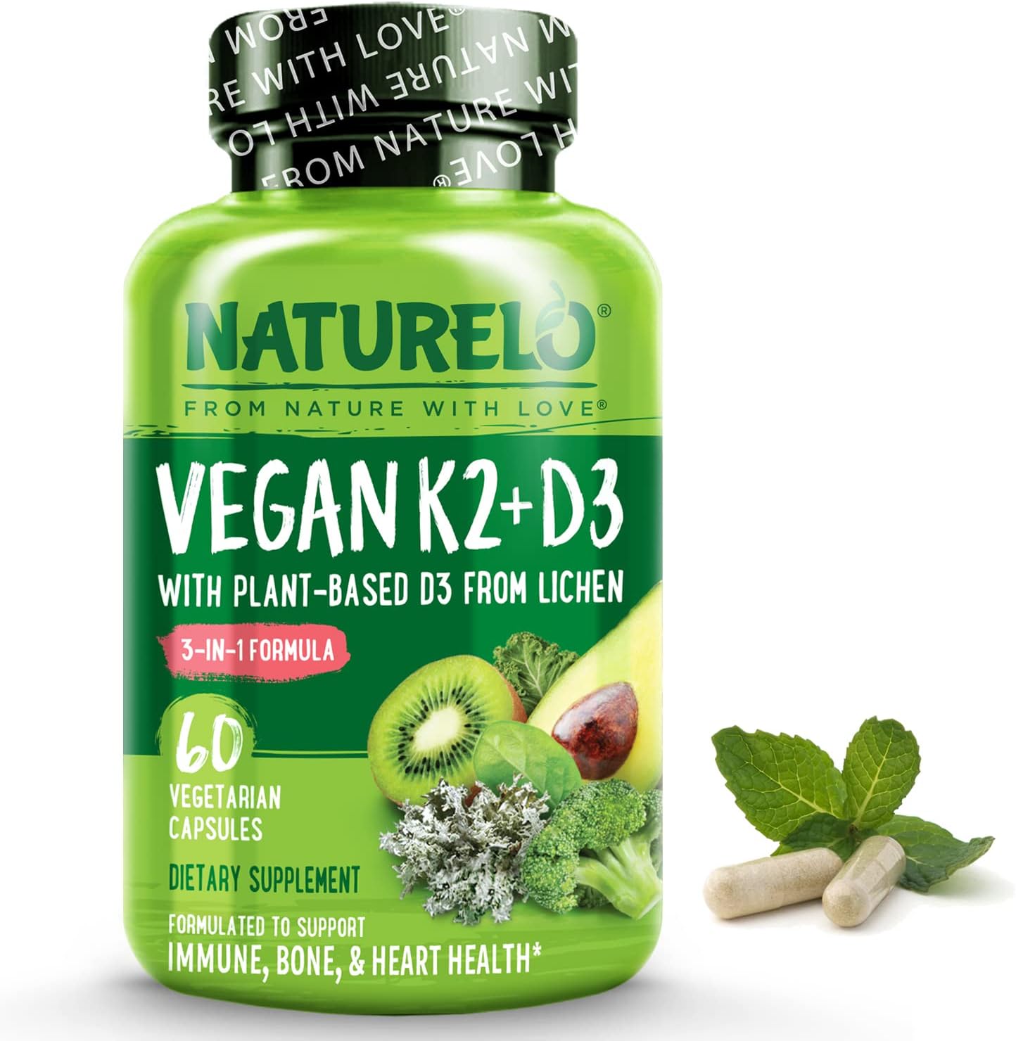 NATURELO Vegan K2+D3 - Plant Based D3 from Lichen - 60 count