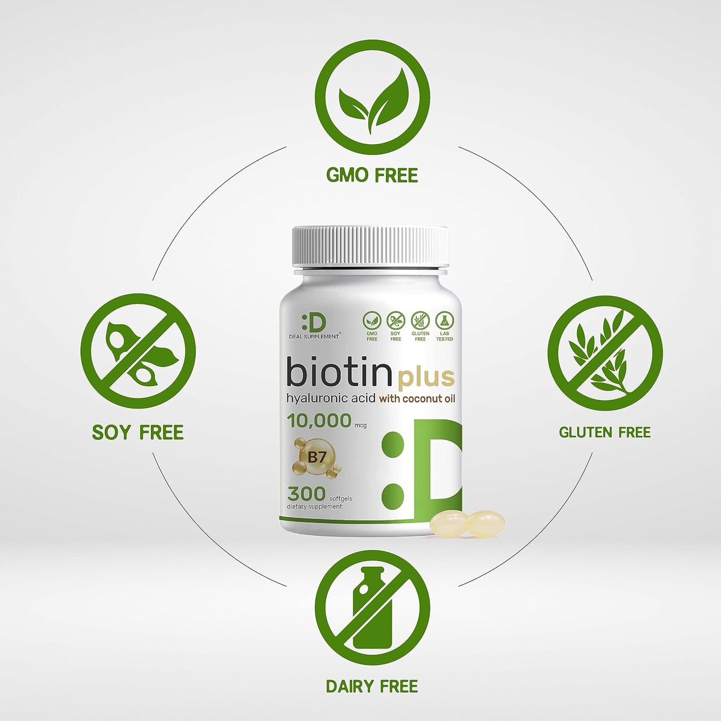 Biotin  Plus Hyaluronic Acid 25mg with Coconut Oil, 300 Softgels