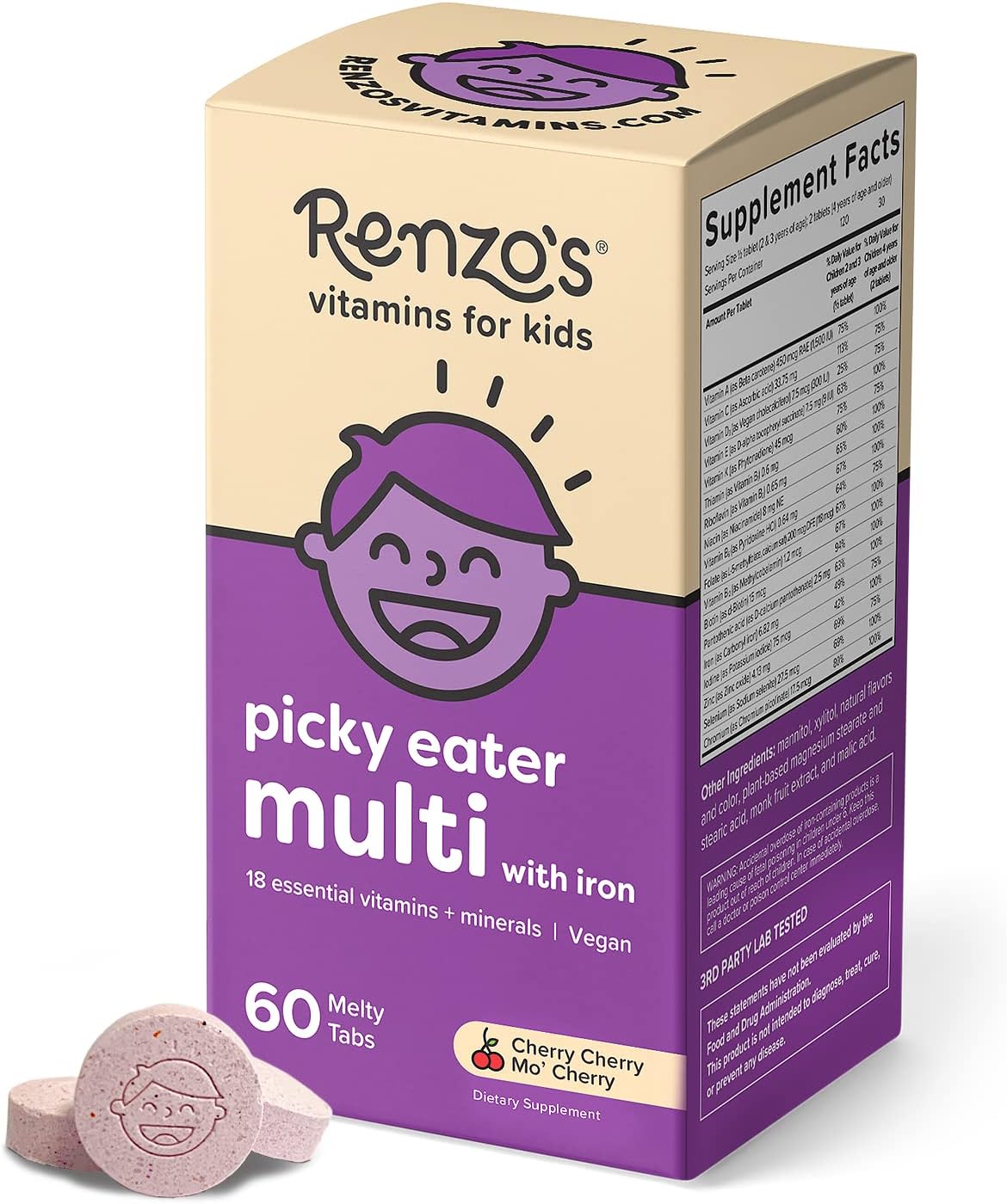 Renzo's Picky Eater Kids Multivitamin with Iron - 60 Sugar-Free Melty Tabs