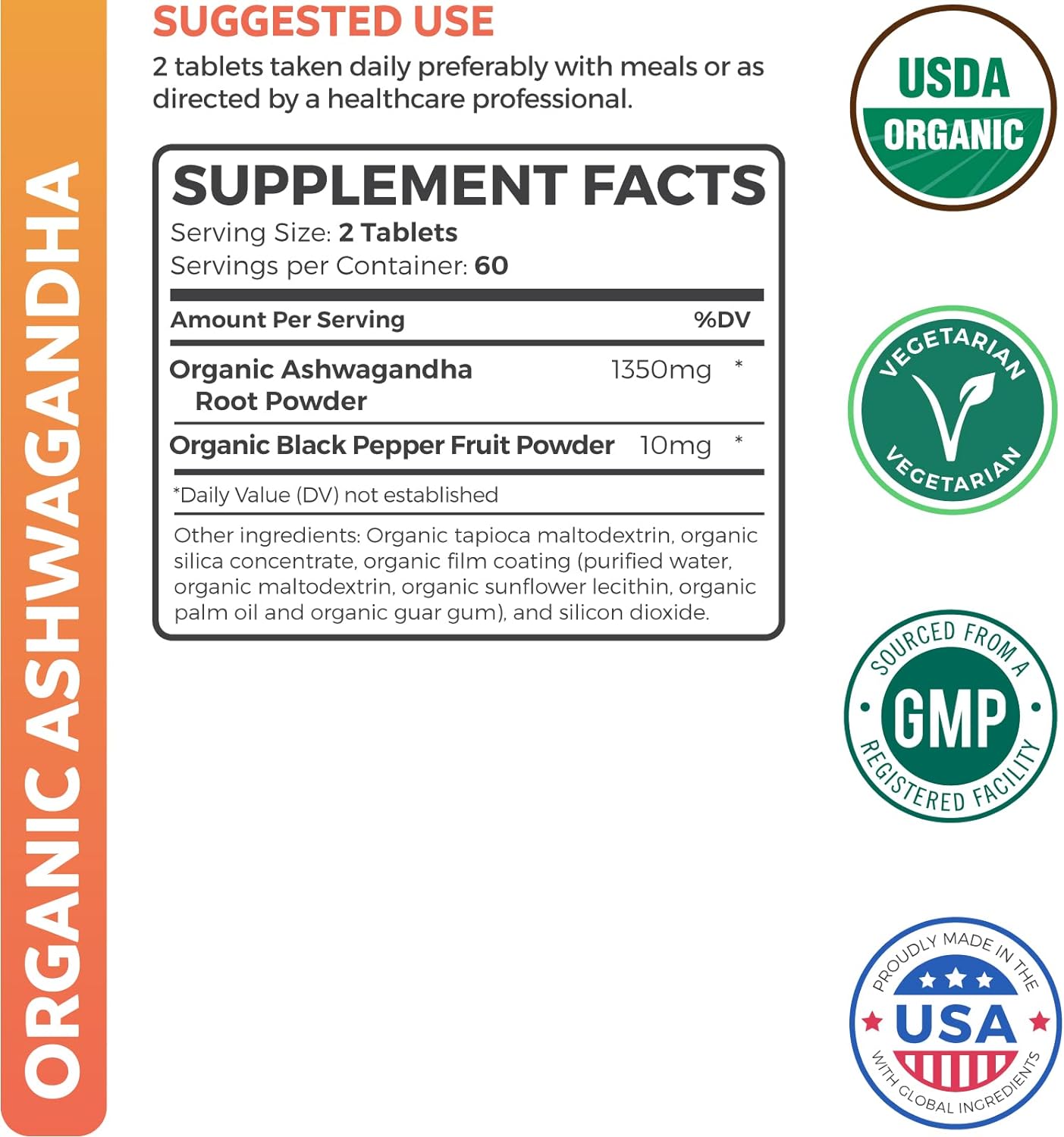 USDA Organic Ashwagandha (120 Vegetarian Tablets) 1350mg Ashwaganda Root Powder