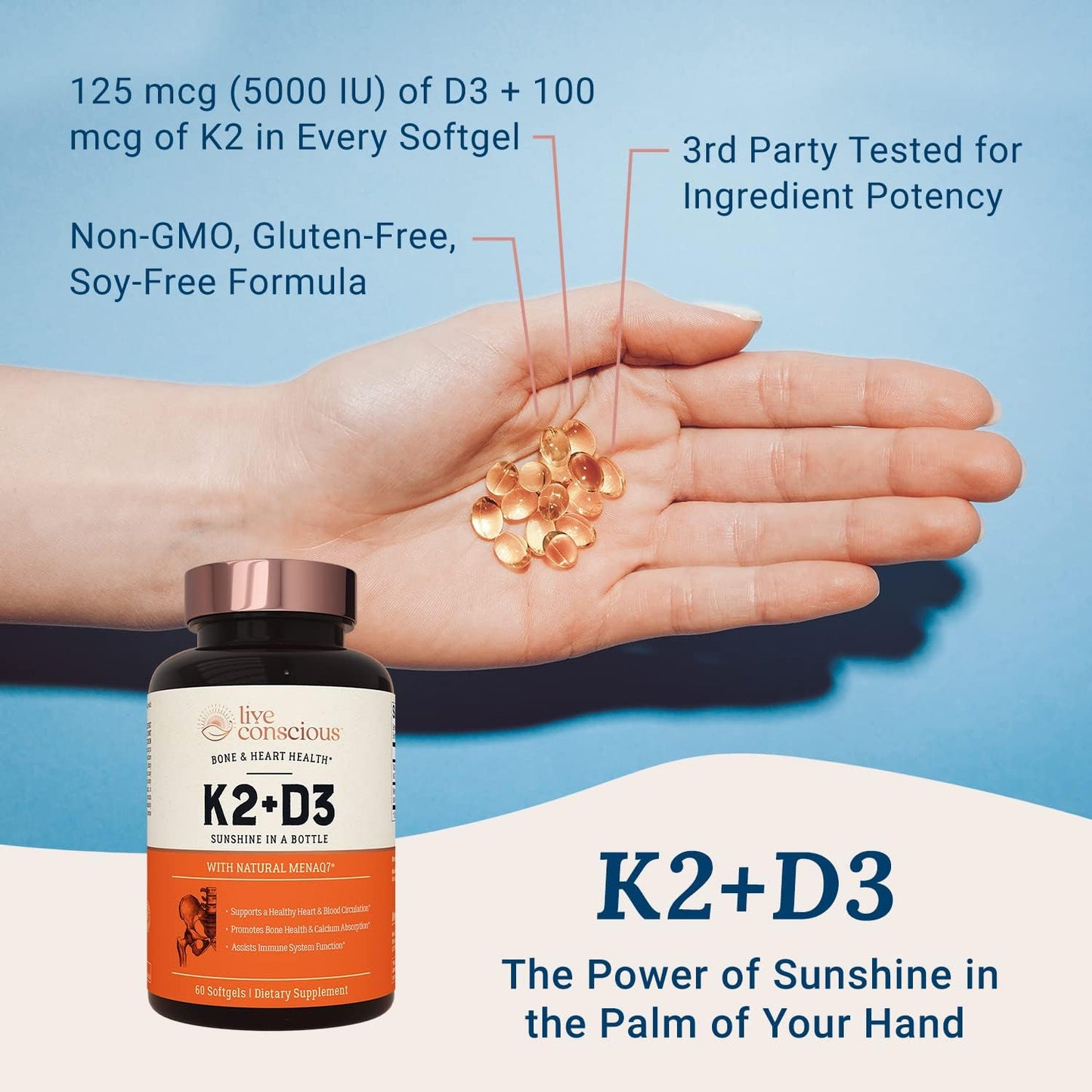 Live Conscious Vitamin K2 MK7 with D3 Supplement - 120 Softgels