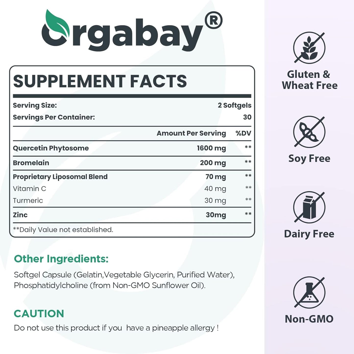 Orgabay Liposomal Quercetin Phytosome 1600 mg, 60 count