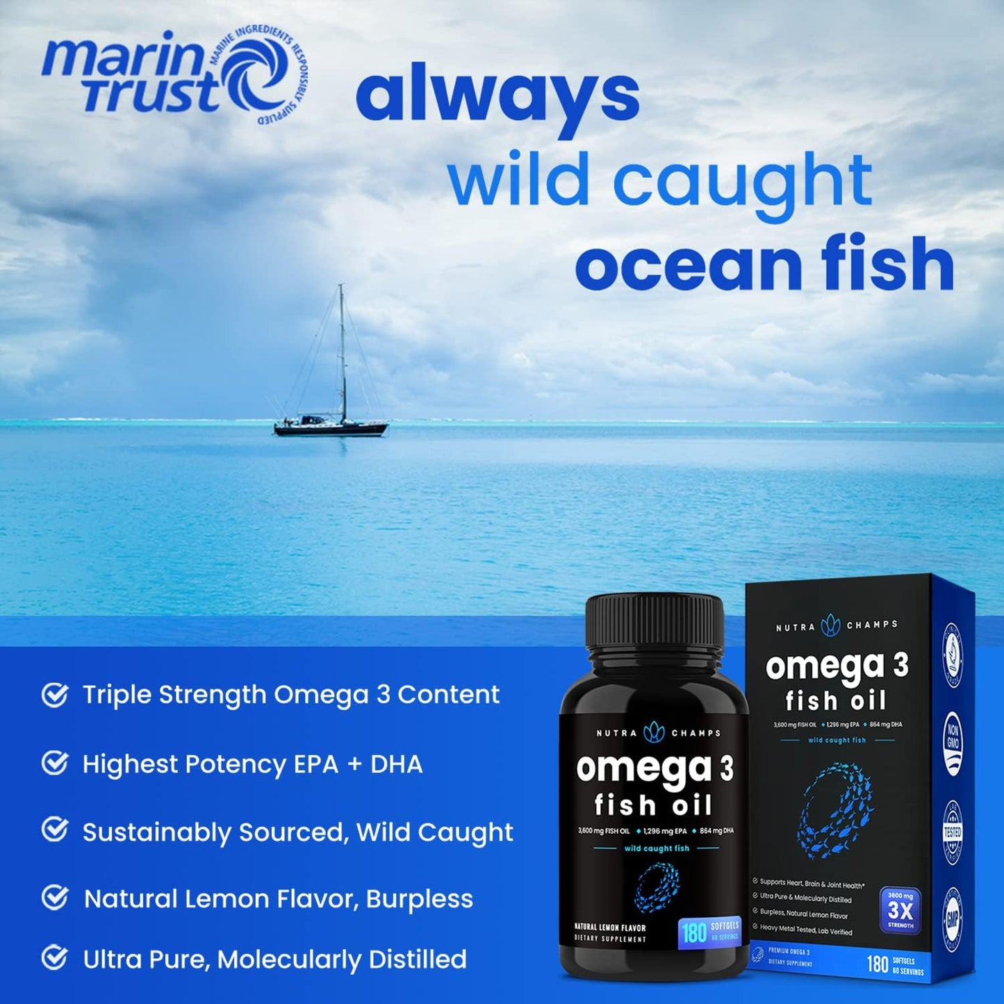 Omega 3 Fish Oil Supplements 3600mg with EPA & DHA 180 count