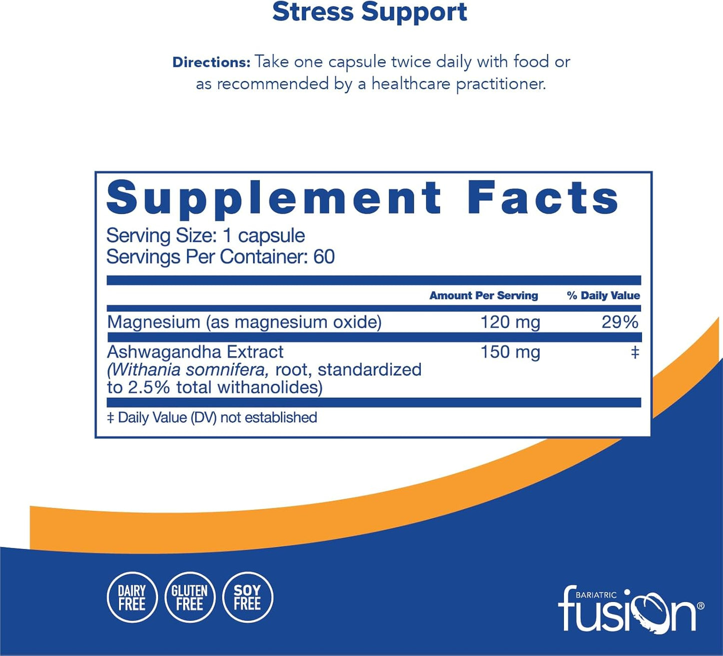 Bariatric Fusion Stress Support  Vegan Supplement with Magnesium  - 60 Capsules