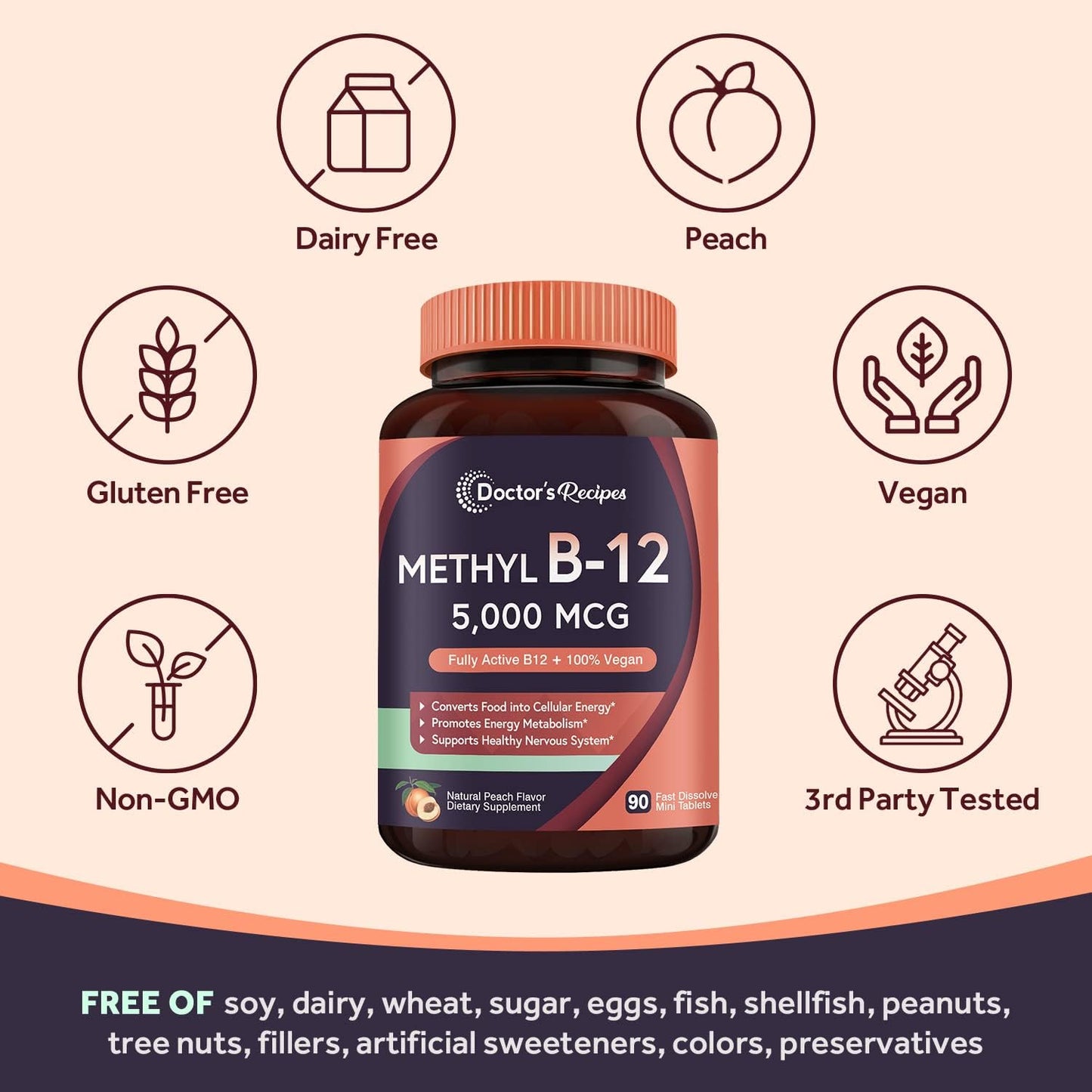 Doctor's Recipes Vitamin B12, Methylcobalamin 5000 mcg 90 Fast Dissolve Tablets