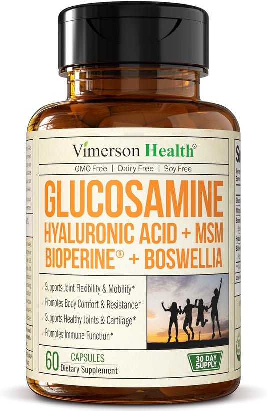 Glucosamine Sulfate with Hyaluronic Acid, Bioperine, MSM & Boswellia. 5-in-One Joint Support Supplement- 60 Capsules