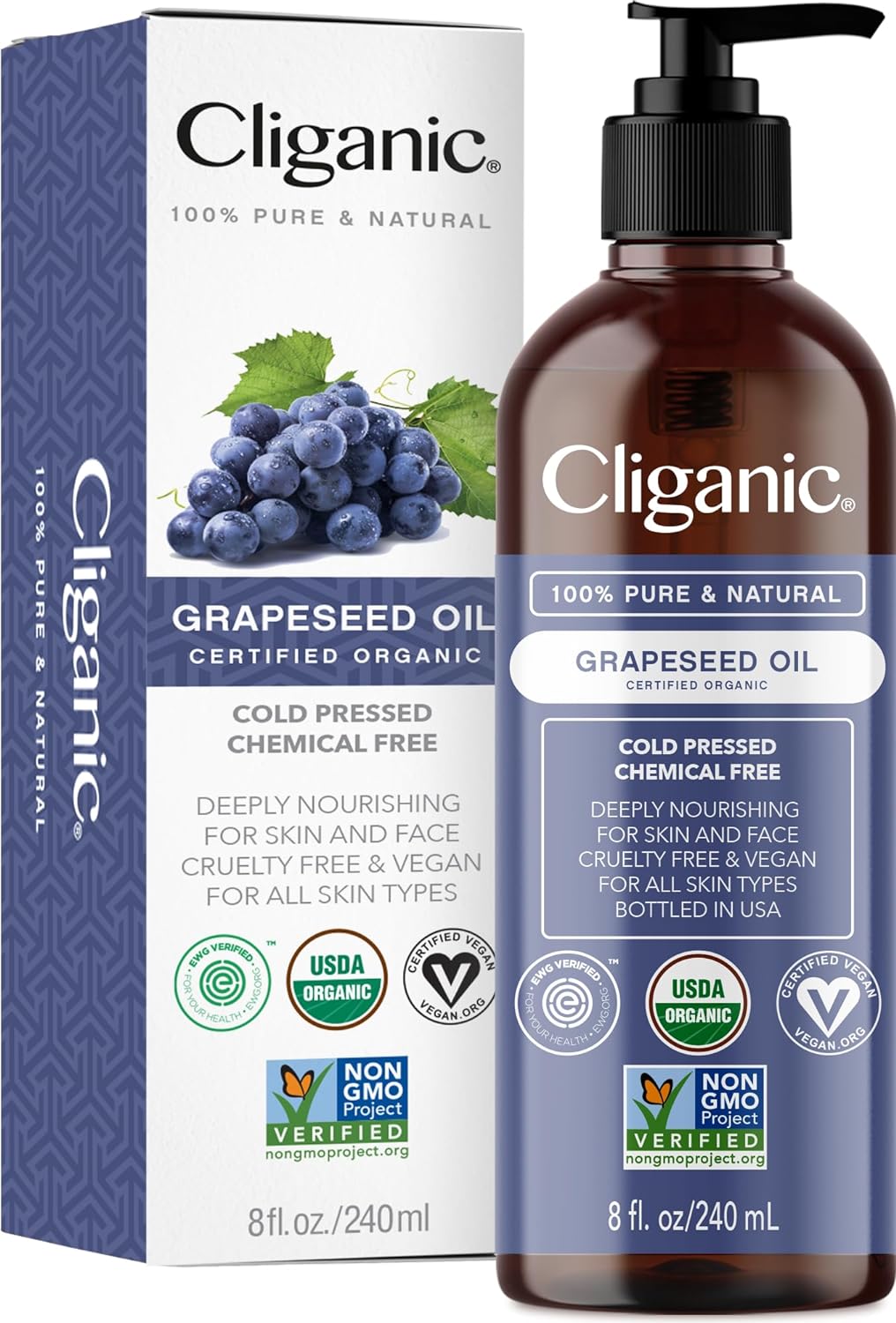 Cliganic Organic Grapeseed Oil, 100% Pure - For Skin, Hair & Face | Natural Cold Pressed Unrefined