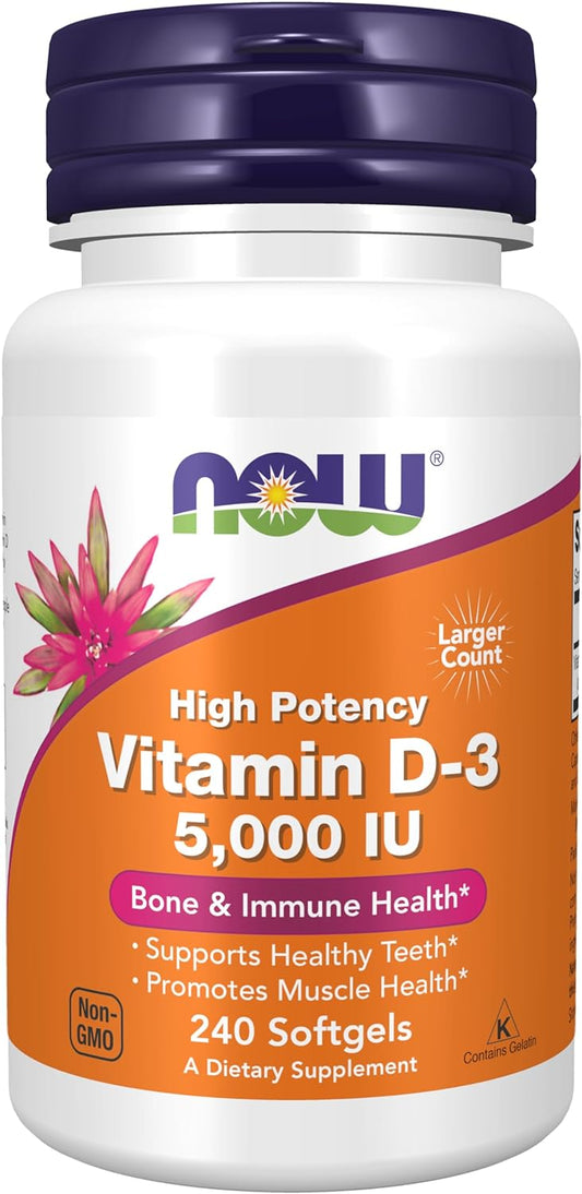 NOW Supplements, Vitamin D-3 5,000 IU, High Potency, Structural Support*, 240 Softgels