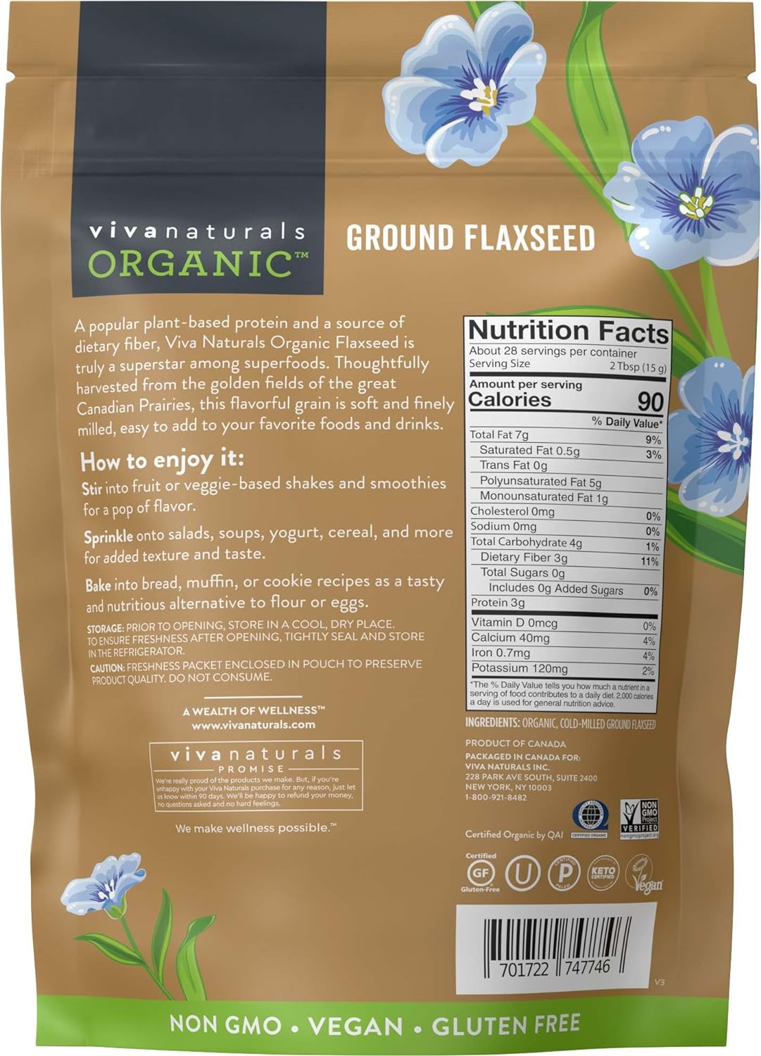 Organic Ground Flaxseed - Premium Quality Plant-Based Protein and Vegan Omega 3 with Fiber 15OZ