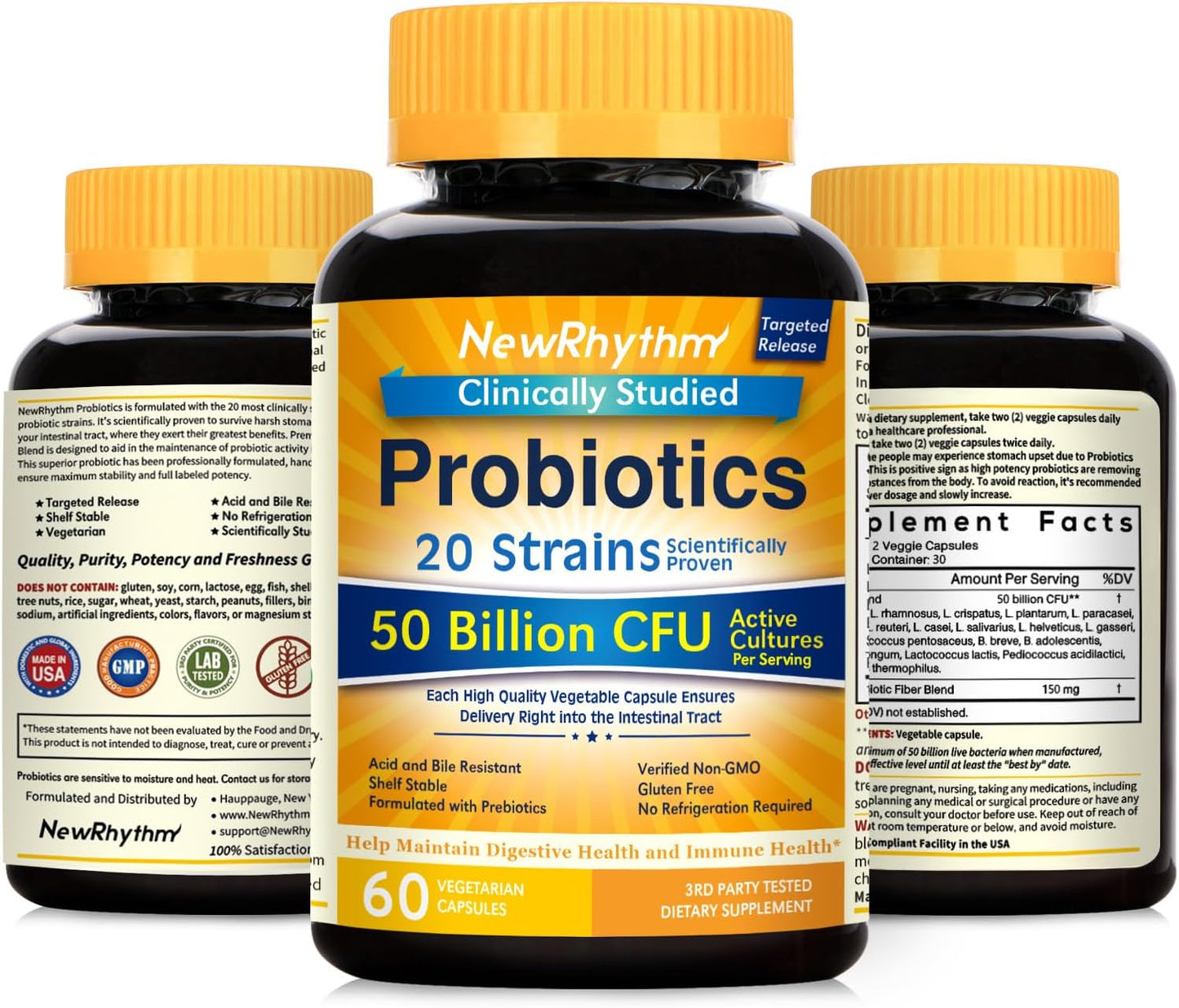 NewRhythm Probiotics 50 Billion CFU 20 Strains, 60 Veggie Capsules