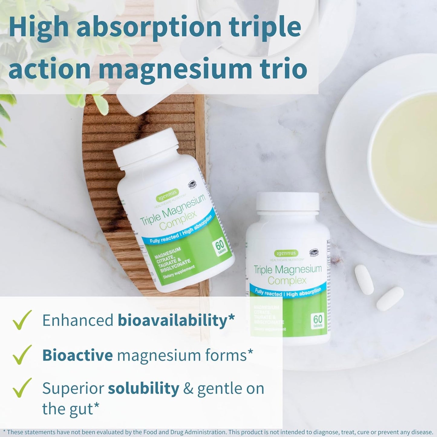 Triple Magnesium Complex, High Absorption Calm Magnesium 60 Tablets