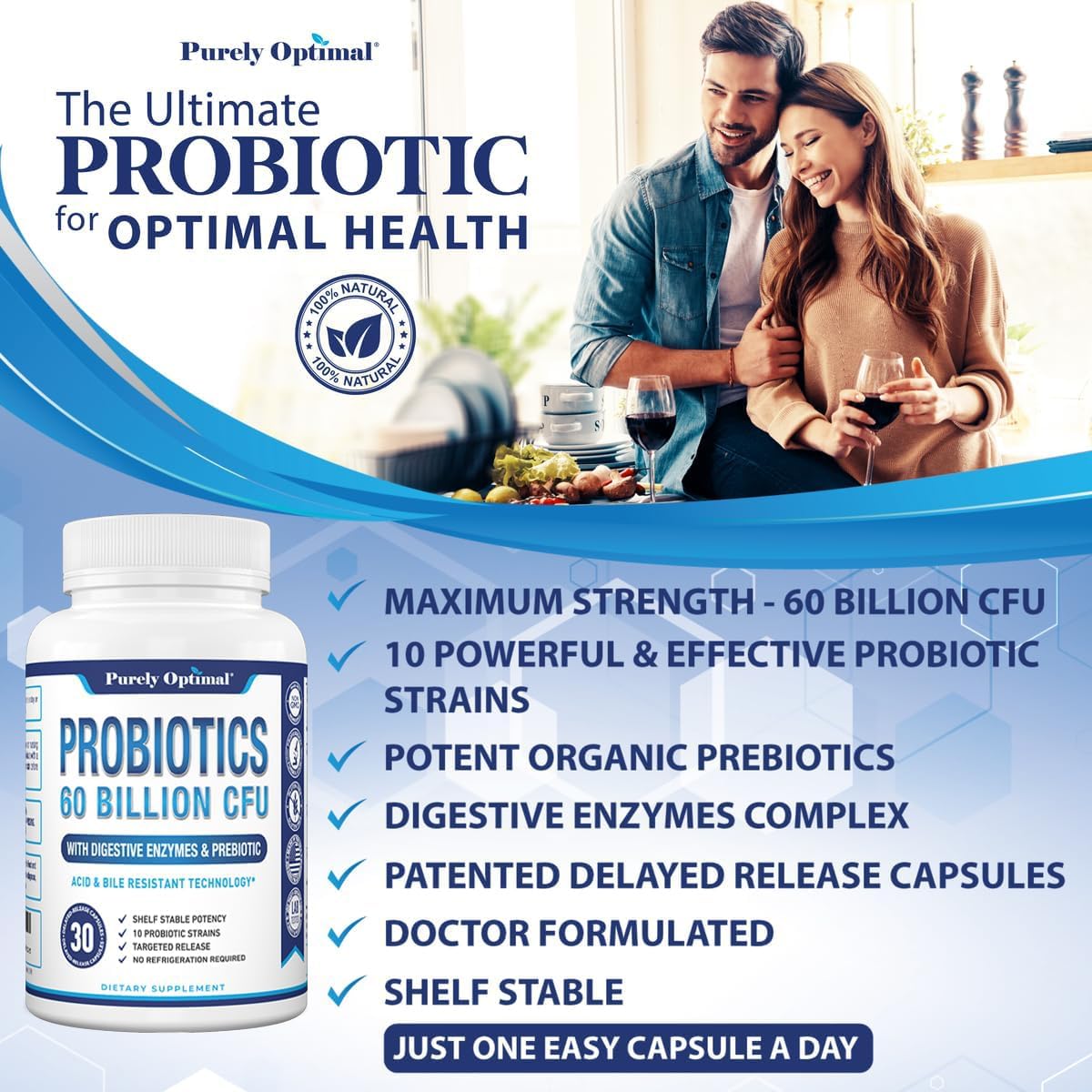 Purely Optimal Premium Probiotics 60 Billion CFU w/Organic Prebiotics & Digestive Enzymes