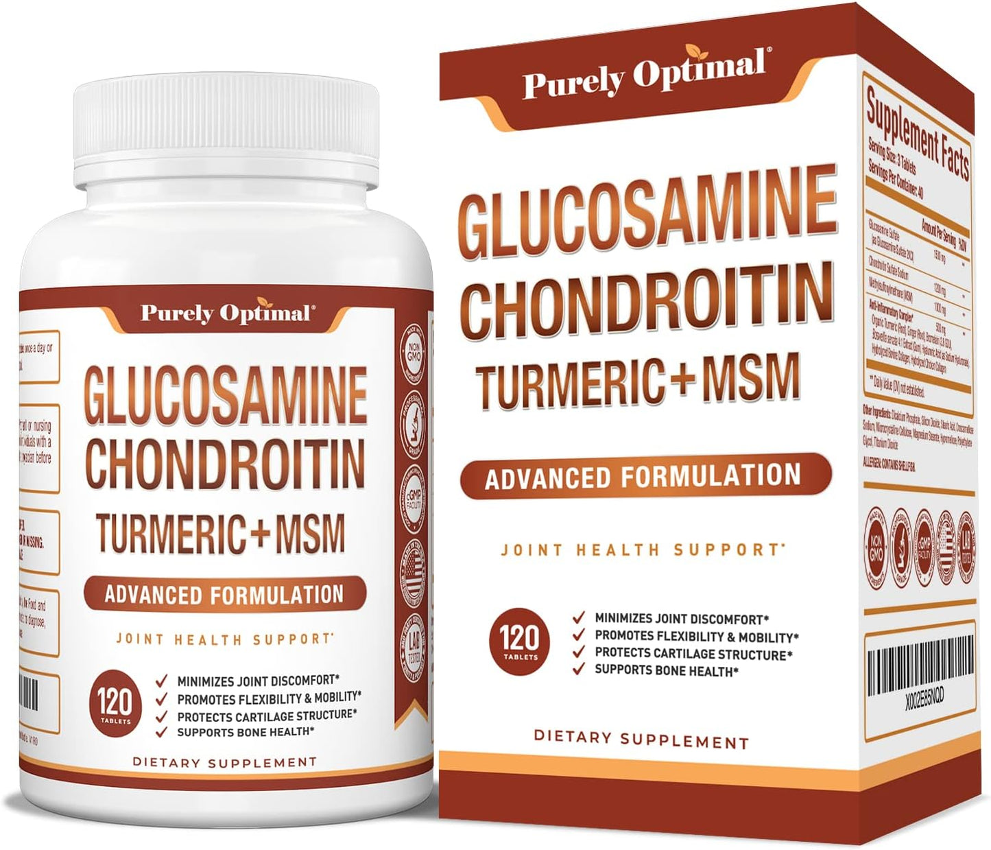 Purely Optimal Premium Glucosamine Chondroitin MSM Supplement 120 count