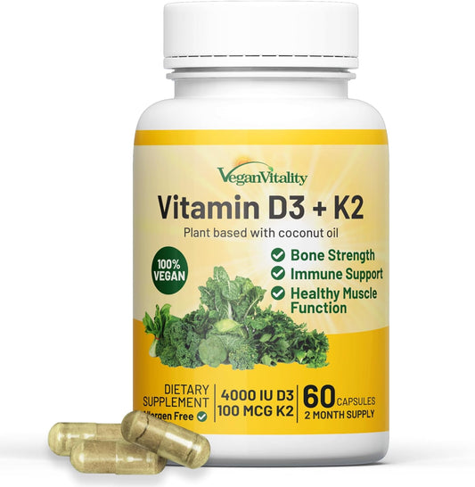 Vegan Vitamin D3 + K2 4000IU  with Coconut Oil,  60 Capsules