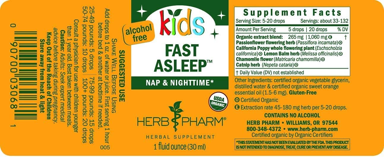 Herb Pharm Kids Organic Alcohol-Free Fast Asleep Liquid Herbal Formula, 1 Ounce