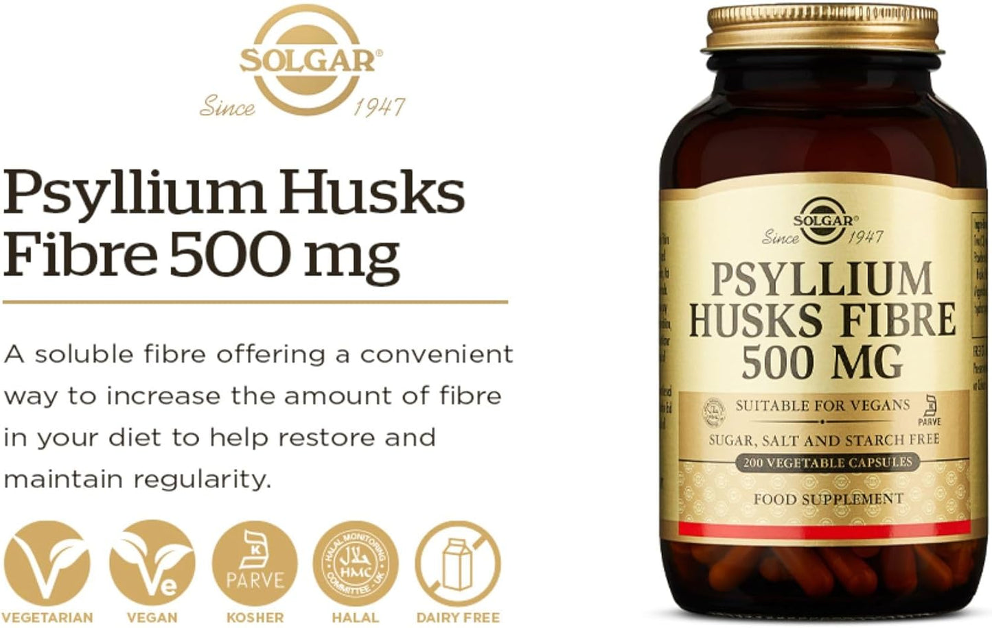 Solgar - Psyllium Husks Fiber 500 mg, 200 Vegetable Capsules