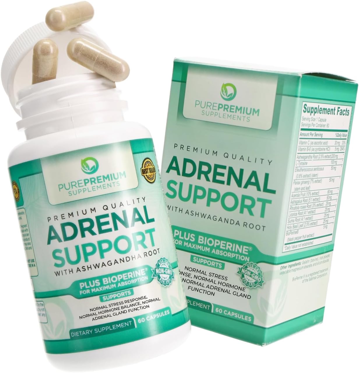 PurePremium Adrenal Support Supplements with Ashwagandha Root Extract  - 60 Capsules