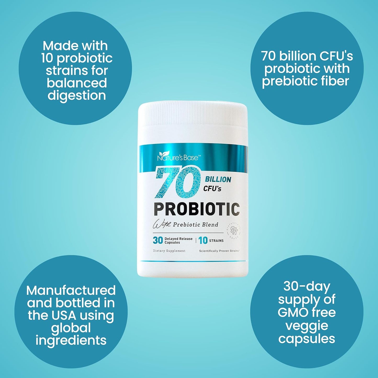 NATURE'S BASE Probiotics 70 Billion CFU - 10 Strains Including Lactobacillus 30 Caps