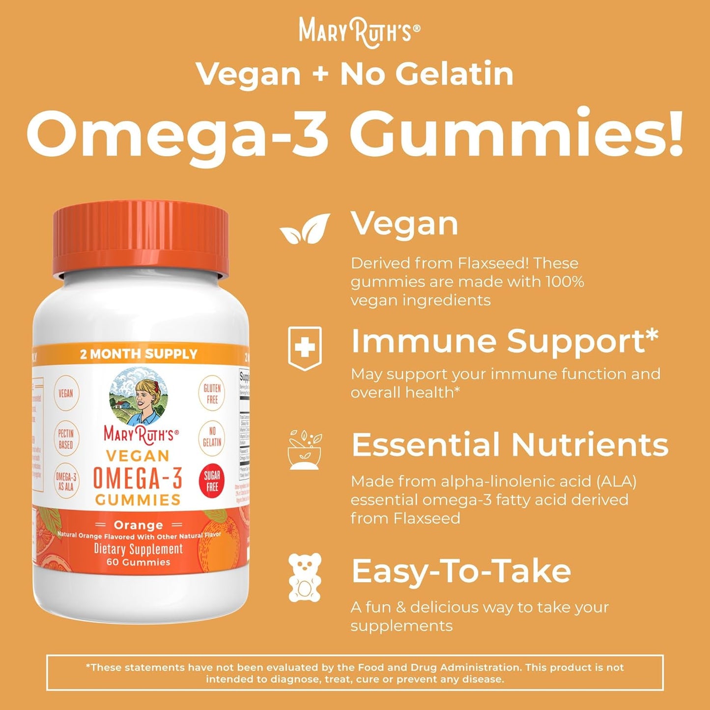 MaryRuth's Vegan Omega 3 Gummies for Adults  60 Count