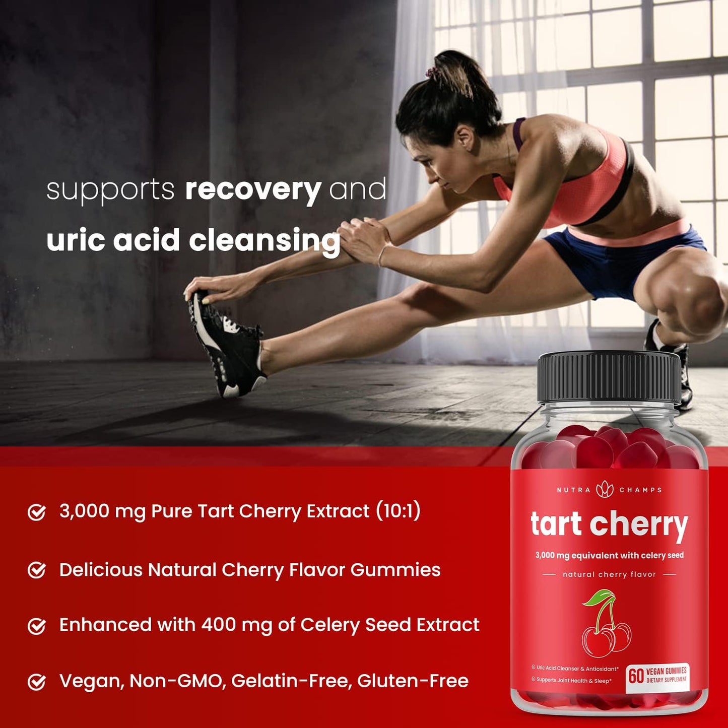 NutraChamps Tart Cherry Gummies - 3000mg Supplement with Celery Seed Extract - Vegan Tart Cherry Concentrate Gummy Vitamin