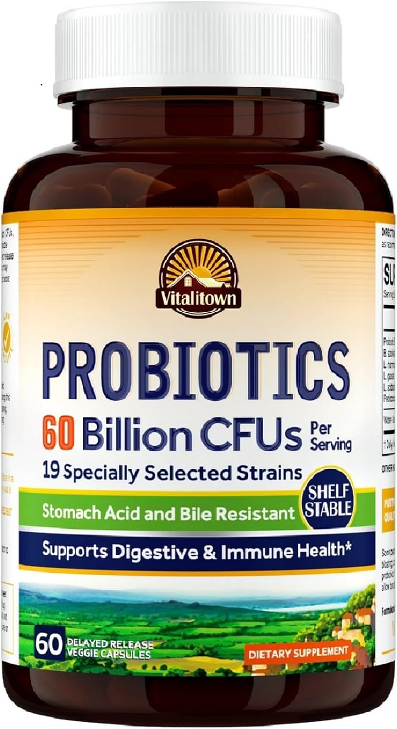 VITALITOWN Probiotics + Prebiotics | 60 Billion CFUs 19 Strains | 60 Delayed Release Veg Caps