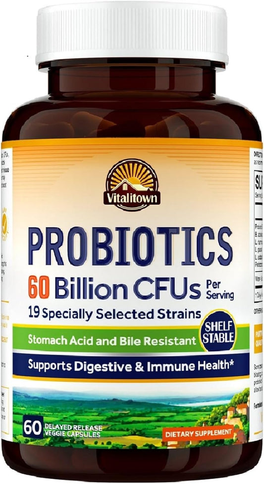 VITALITOWN Probiotics + Prebiotics | 60 Billion CFUs 19 Strains | 60 Delayed Release Veg Caps