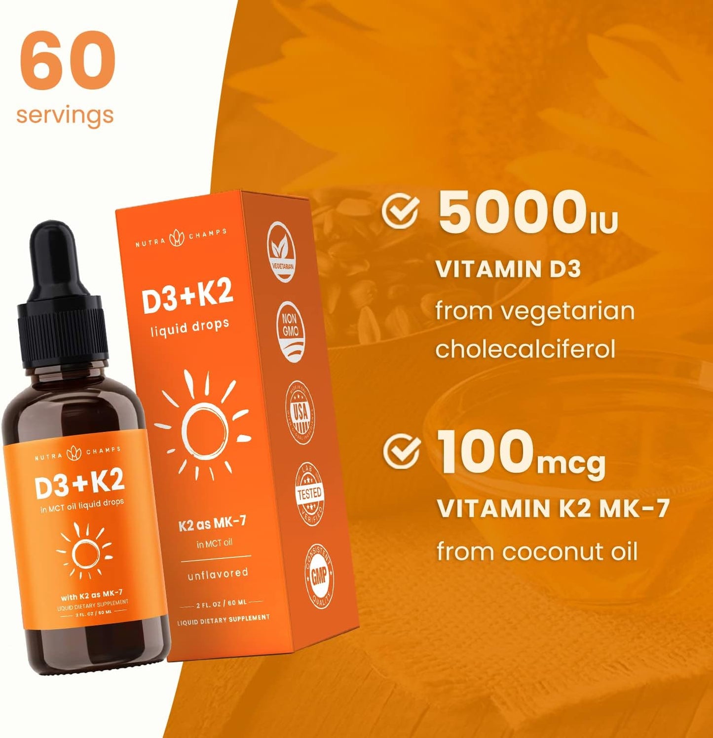 Vitamin D3 K2 Drops | Liquid Vitamin D3 5000 IU & K2 D3 with MK7 60 ml