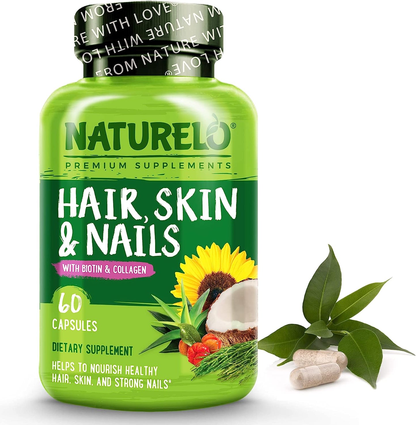 NATURELO Hair, Skin and Nails Vitamins - 5000 mcg Biotin, 60 capsules