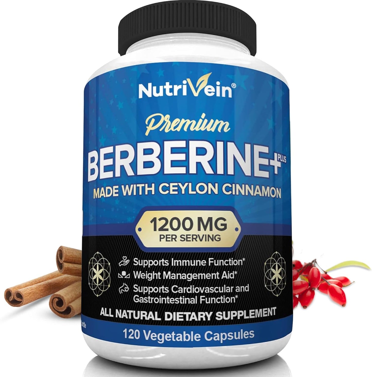 Nutrivein Premium Berberine HCL 1200mg plus  - 120 Capsules