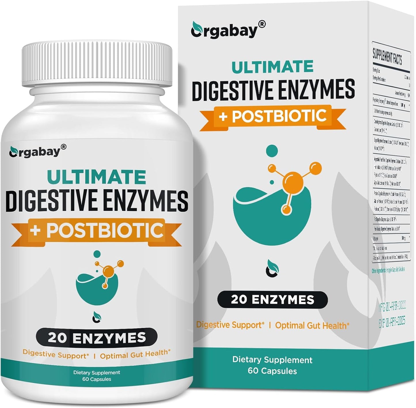 Orgabay Digestive Enzymes  with Postbiotics, 20 Enzyme 60 Veggie Capsules