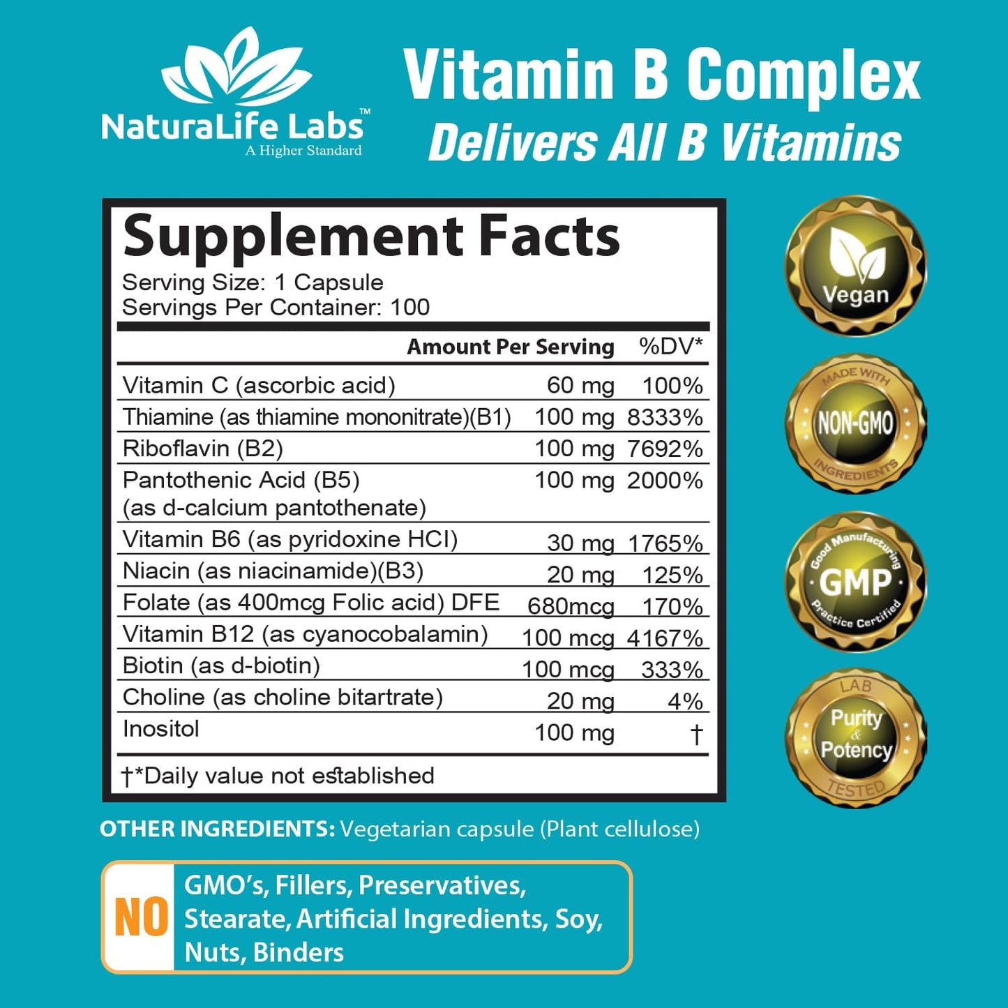 NaturaLife Labs A Higher Standard Vitamin B Complex 100 Veggie Capsules