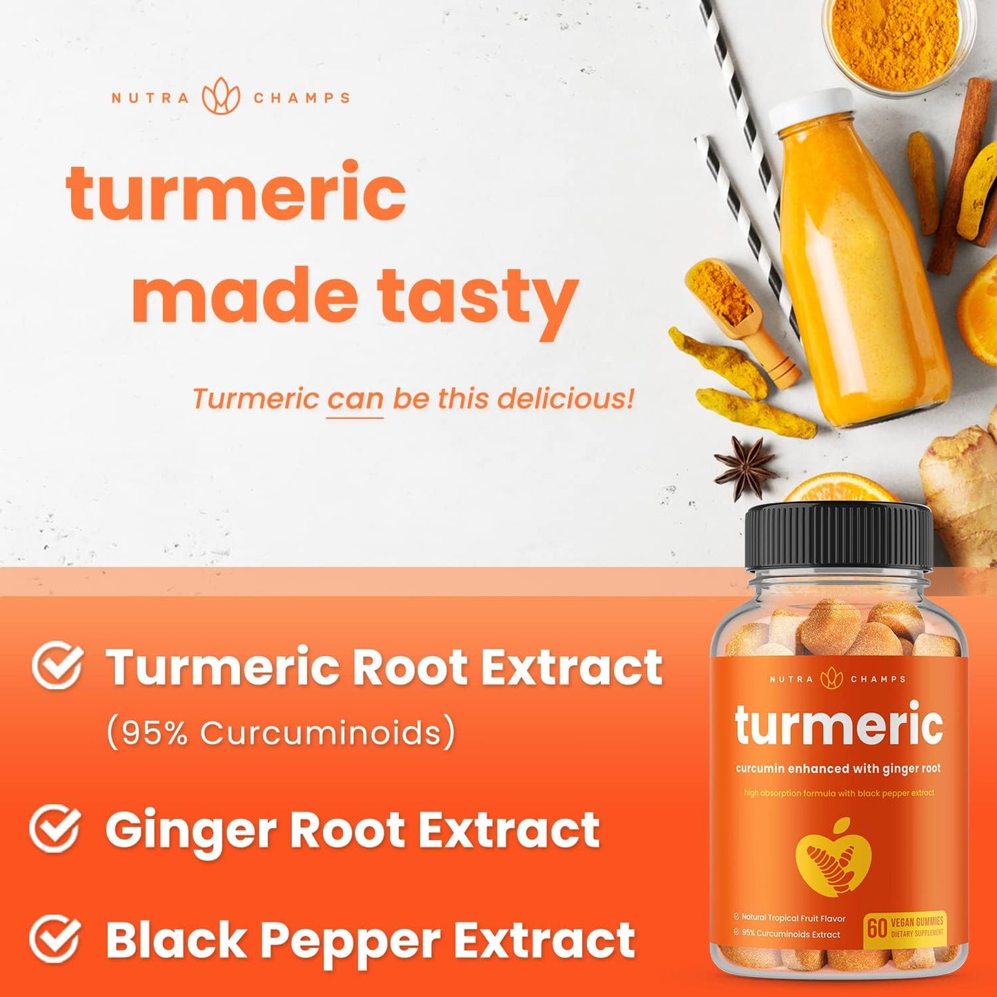 Turmeric Gummies for Adults & Kids with Ginger & Black Pepper Extract 60 gummies