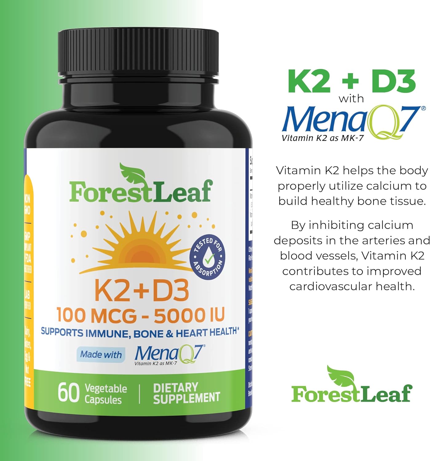 ForestLeaf Vitamin D3 + K2 (MK7) Supplement - 60 Veggie Capsules