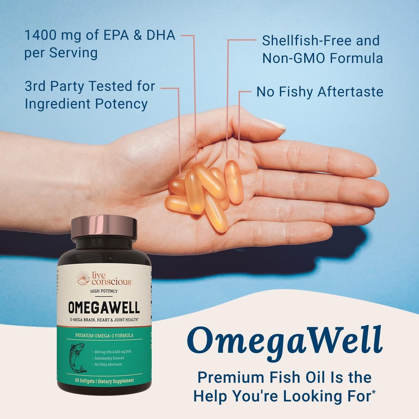 OmegaWell Omega 3 Fish Oil - 2000mg Capsules - 800 mg EPA 600 mg DHA -60 softgels