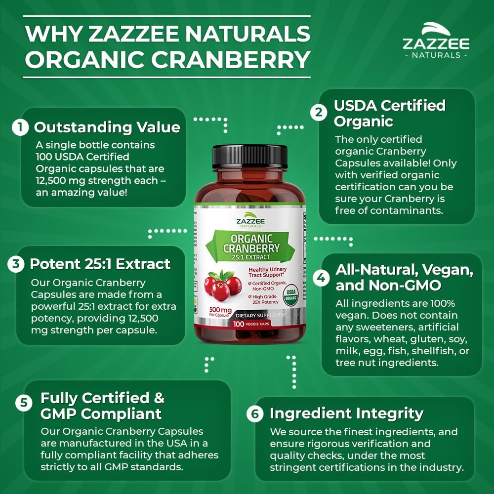 Zazzee USDA Organic Cranberry 25:1 Extract,100 Vegan Capsules