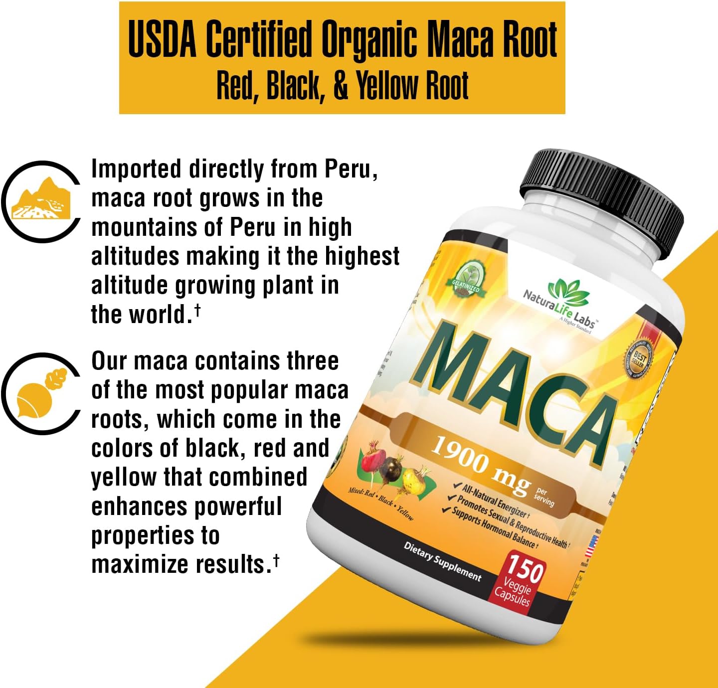 Organic Maca Root Black, Red, Yellow  - 150 Vegan Capsules