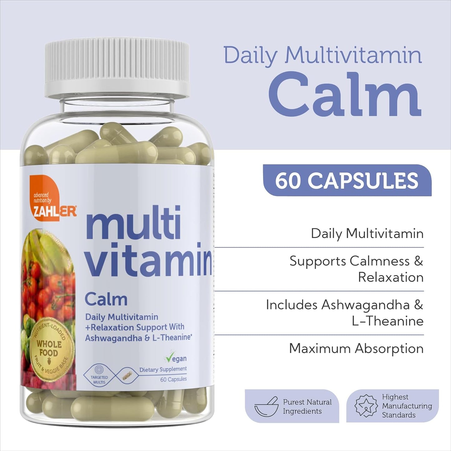 Zahler - Daily Multivitamin Calm Supplement with Ashwagandha and L-Theanine (60 Capsules)