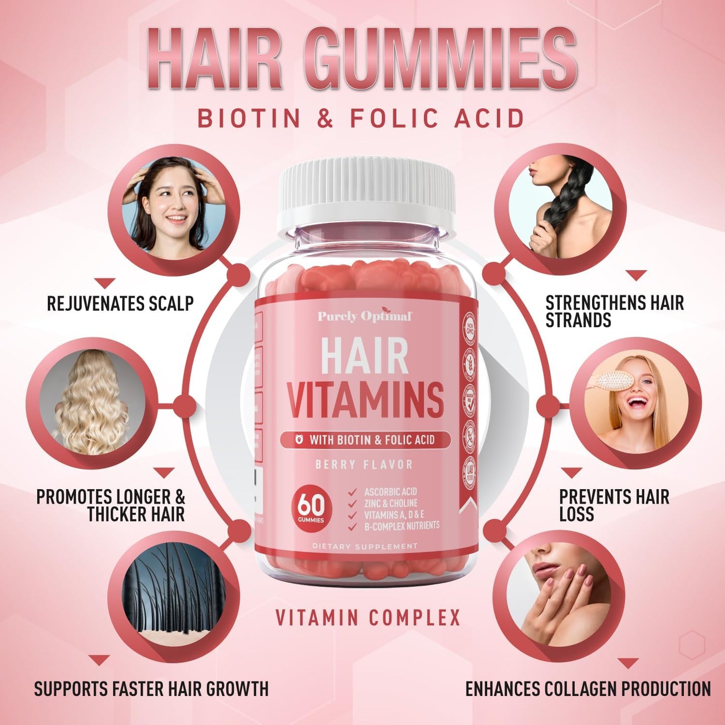 Premium Hair Vitamins Supplement  Vitamins w/Biotin, - 60 Gummy