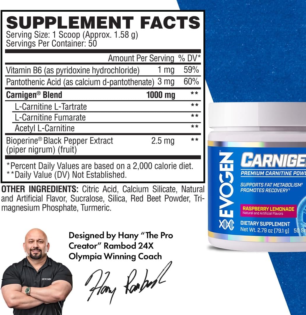 Evogen Carnigen Raspberry Lemonade Carnitine Fat Burning Powder