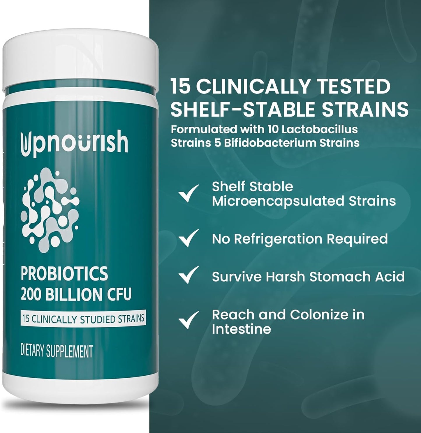 UpNourish Probiotics - 200 Billion CFUs,  60 Vegan Capsules