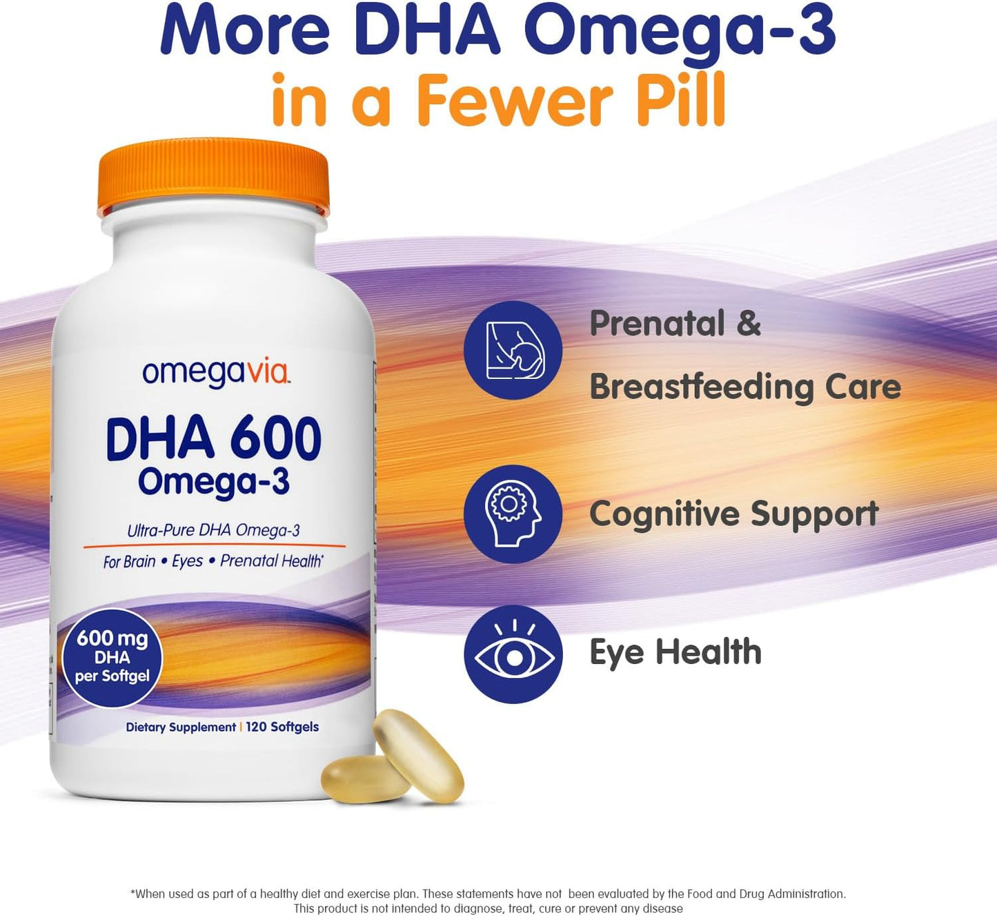 OmegaVia DHA 600 mg - Ultra-Pure DHA Supplements 120 softgels