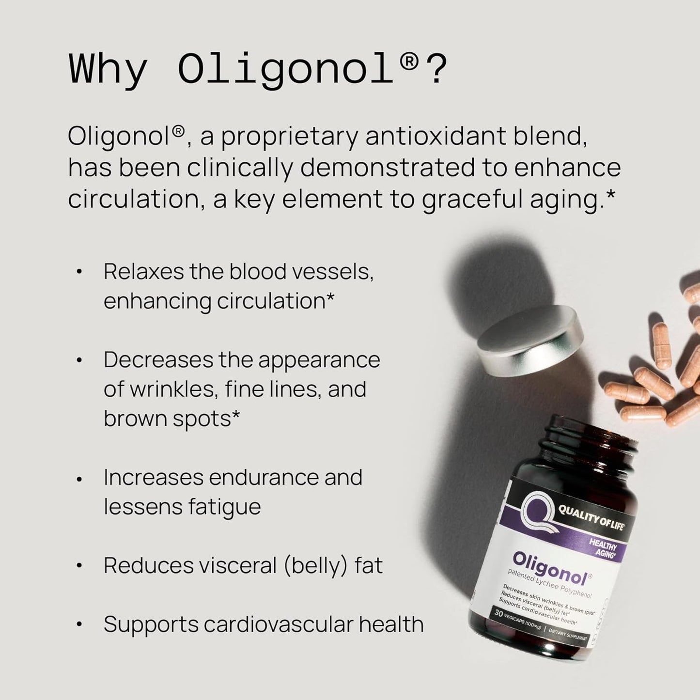 Quality of Life - Premium Anti Aging Supplement- Promotes Cardiovascular Health, Circulation & Youth - Oligonol  - 30 Vegicaps